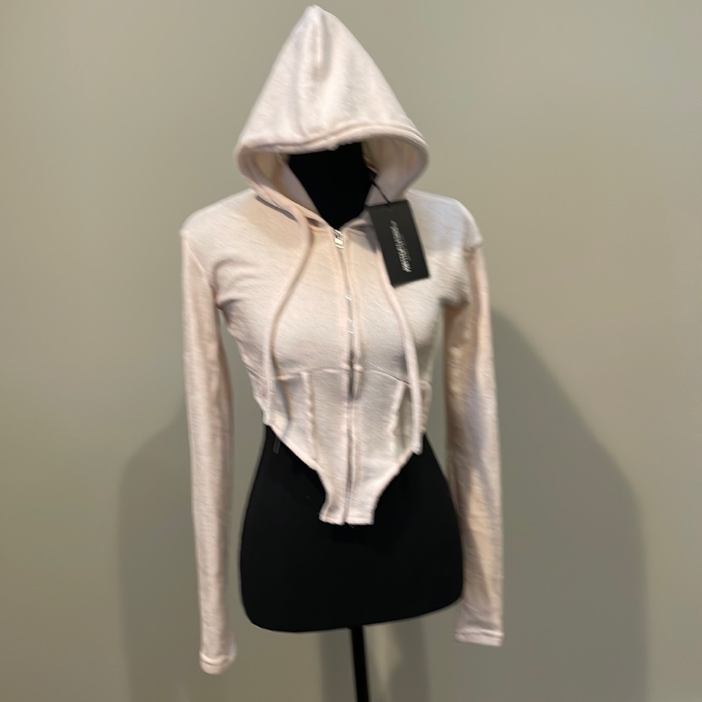 NWT extreme crop hoodie bodysuit - white zipper - cute, sexy, unique